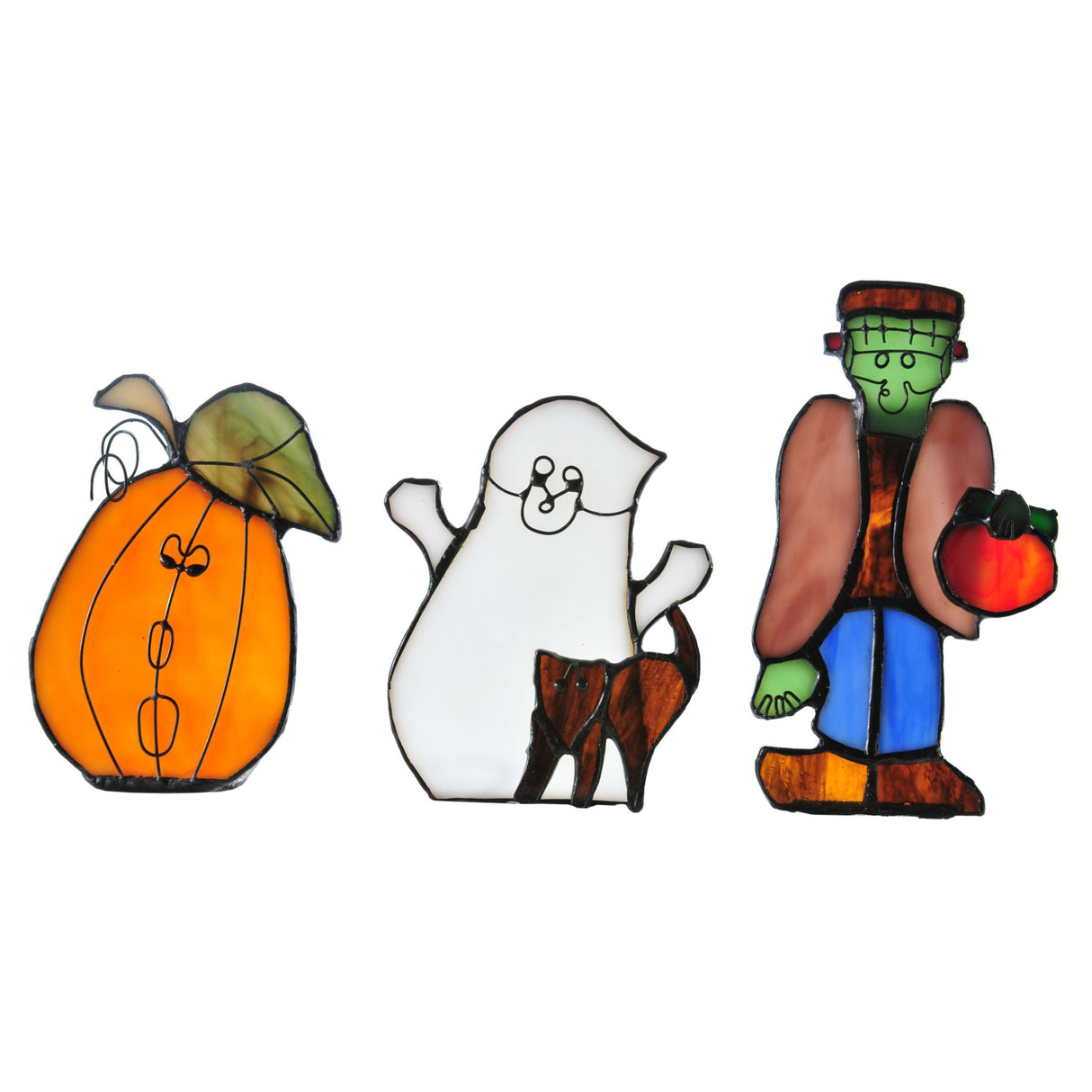 Halloween stained glass tea light set shown with candles lit.