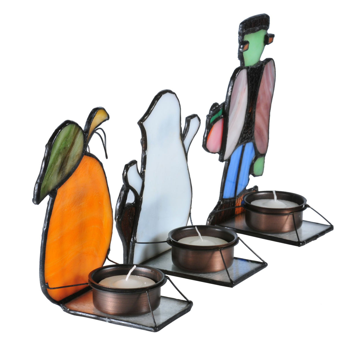 Side view of stained glass Halloween tea light set with pumpkin, ghost, and Frankenstein.