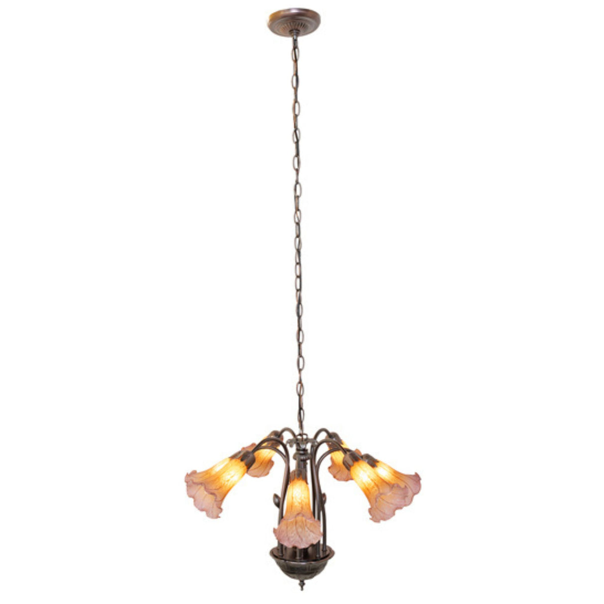 Hanging Tiffany chandelier with seven radiant amber and purple lily glass shades.