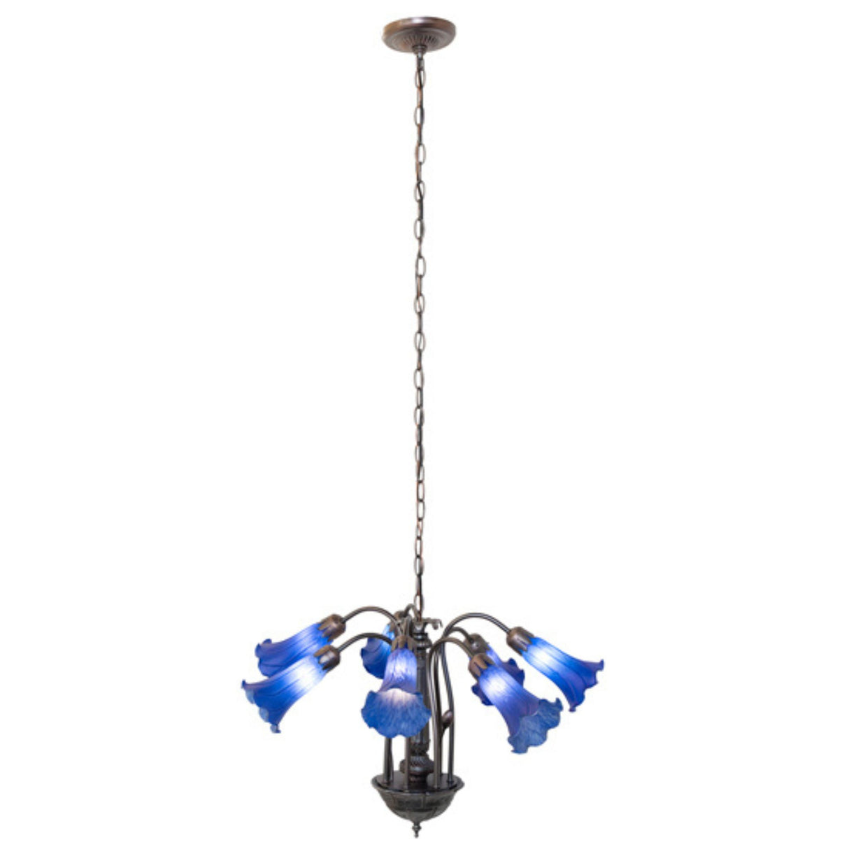 Hanging blue pond lily chandelier with decorative chain and vibrant shades.
