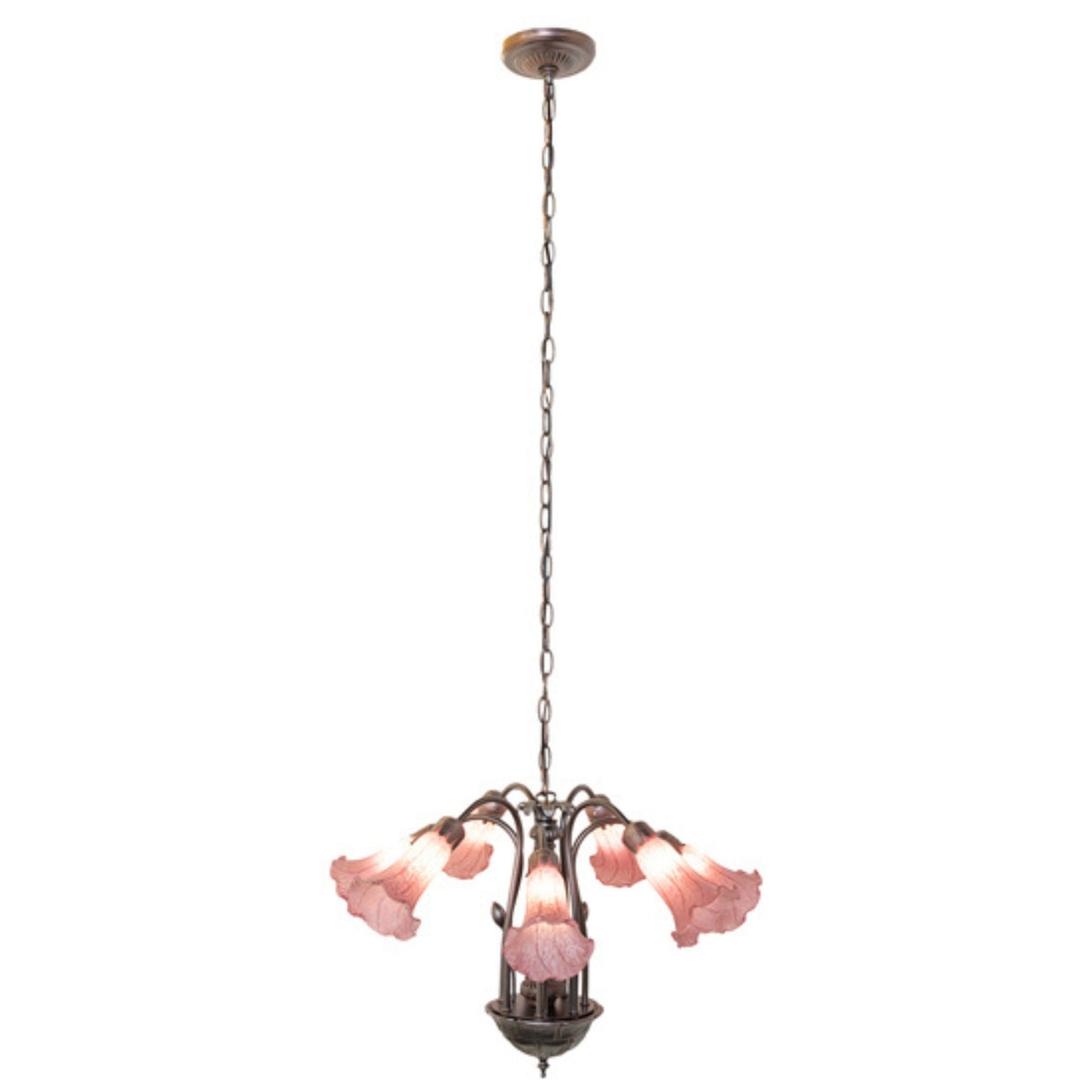 Elegant hanging chandelier with lavender pond lily-style glass shades, suspended by a long bronze chain.