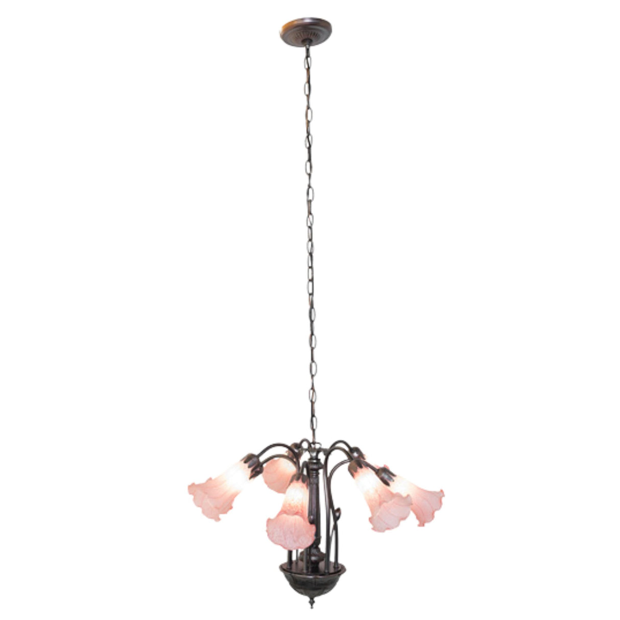 Elegant pink chandelier hanging with a long chain.