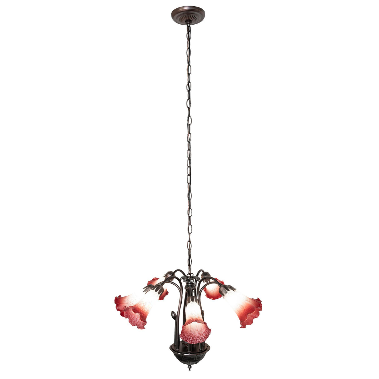 Hanging pink and white Tiffany chandelier with chain.