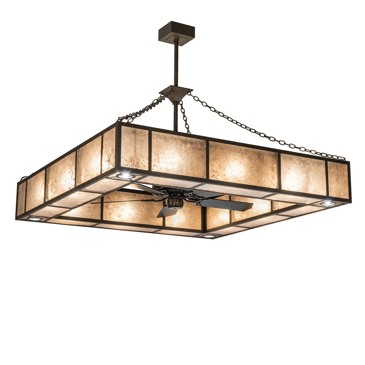 Hausman Chandel-Air front view glowing warmly through silver mica panels.