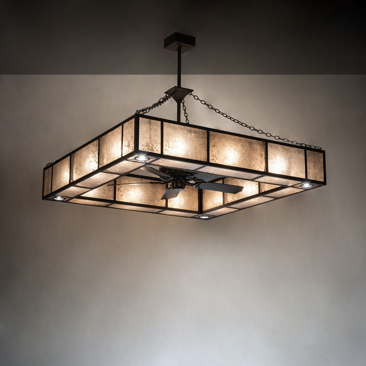 Hausman Chandel-Air illuminating room with warm mica and bronze finish.