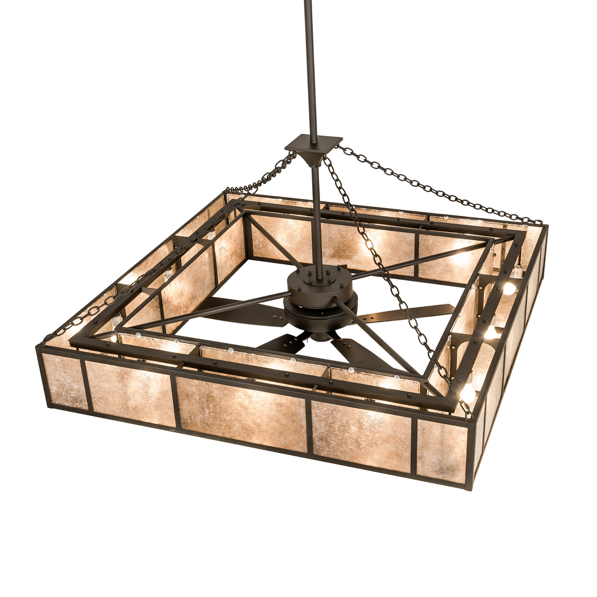 Top view of Hausman chandelier revealing geometric frame and bulbs.