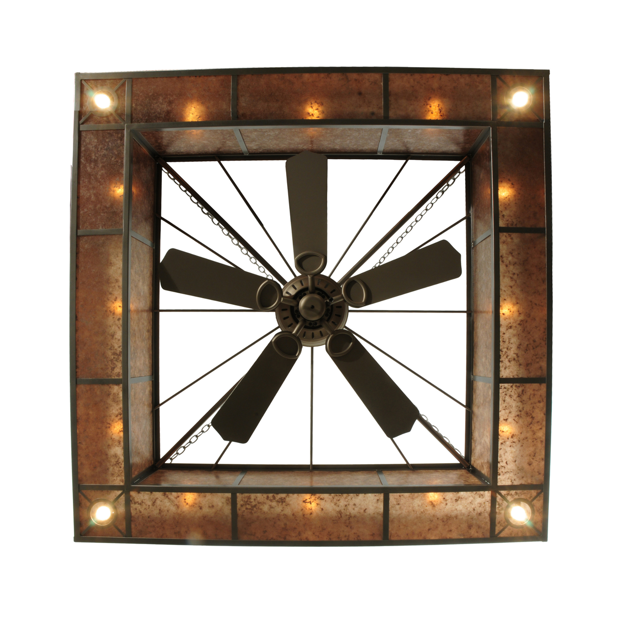 Bottom view showing fan and perimeter downlights within the square frame.
