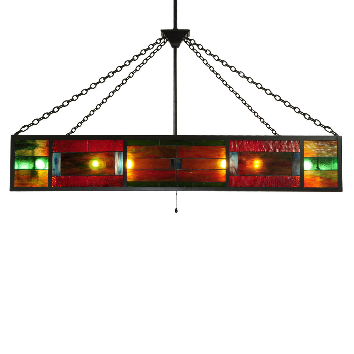 Straight side profile view emphasizing vibrant red and green stained glass.