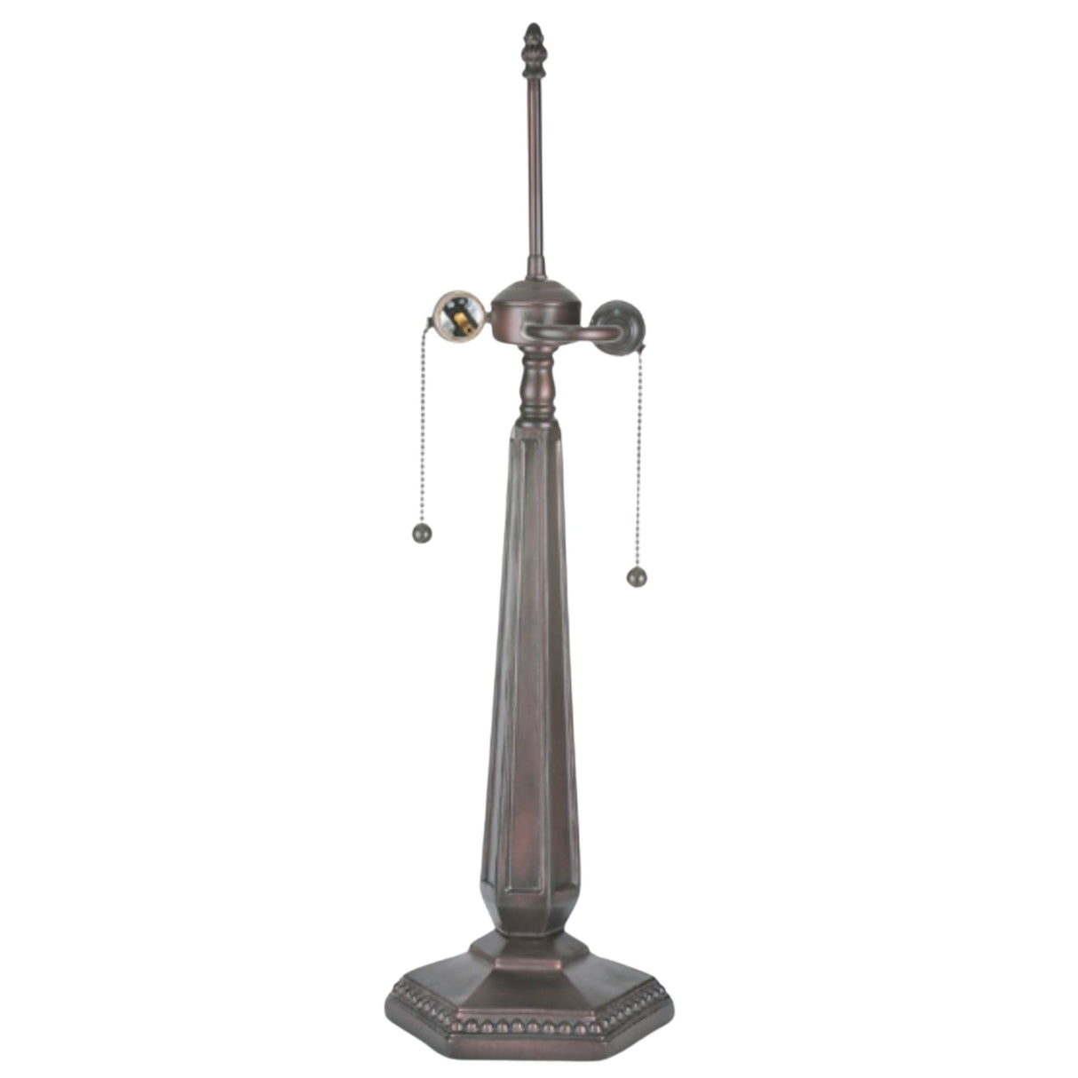 Hexagonal diamond mission table lamp base in dark bronze finish with dual pull chains.