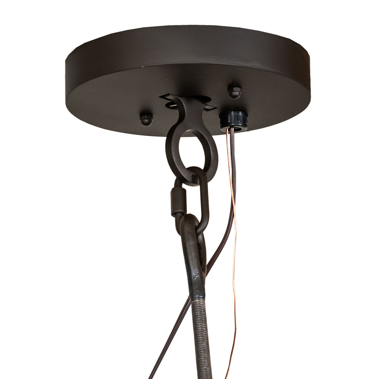 Close-up of ceiling canopy with chain mount and bronze finish.