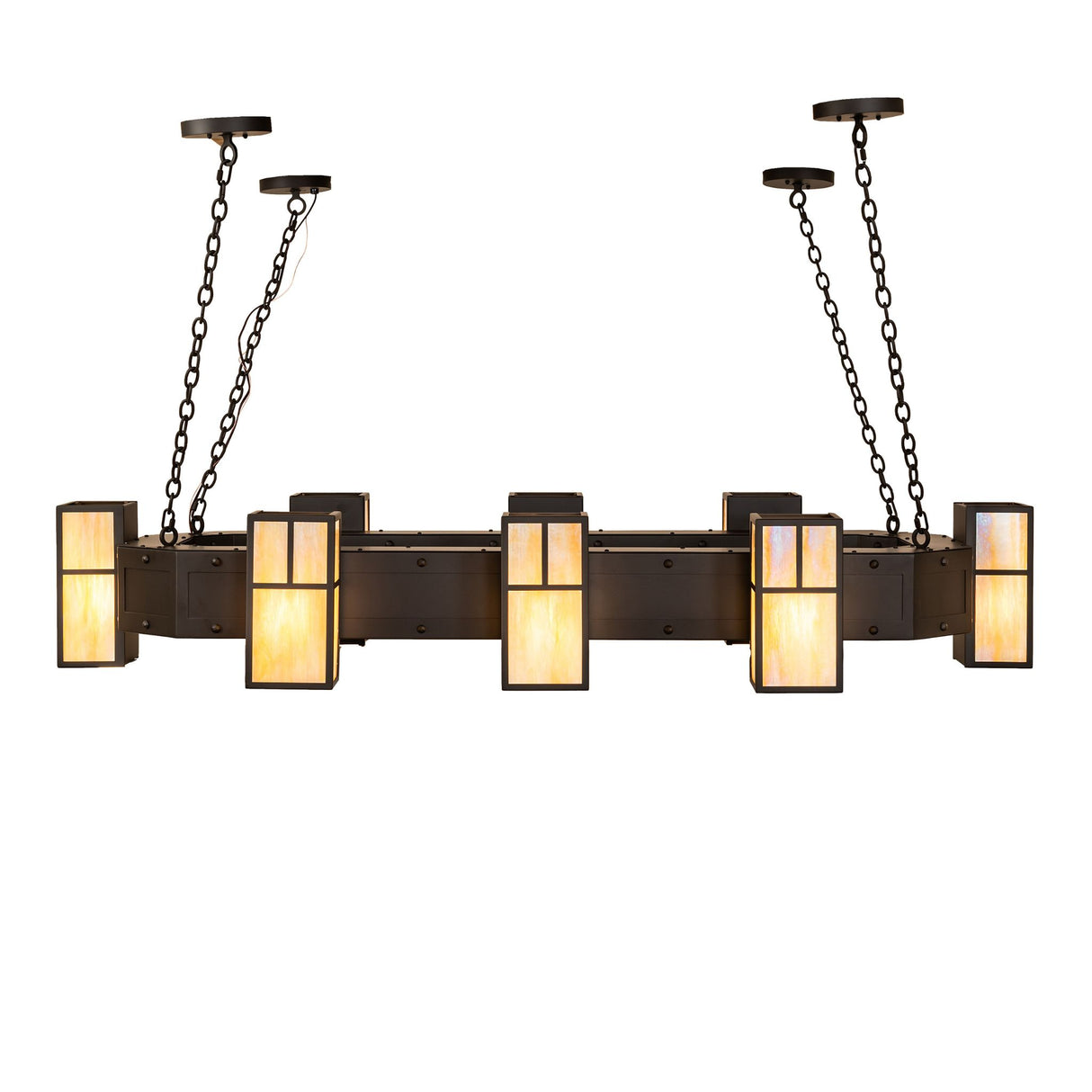 Front angled view of chandelier highlighting lantern placement and geometric form.