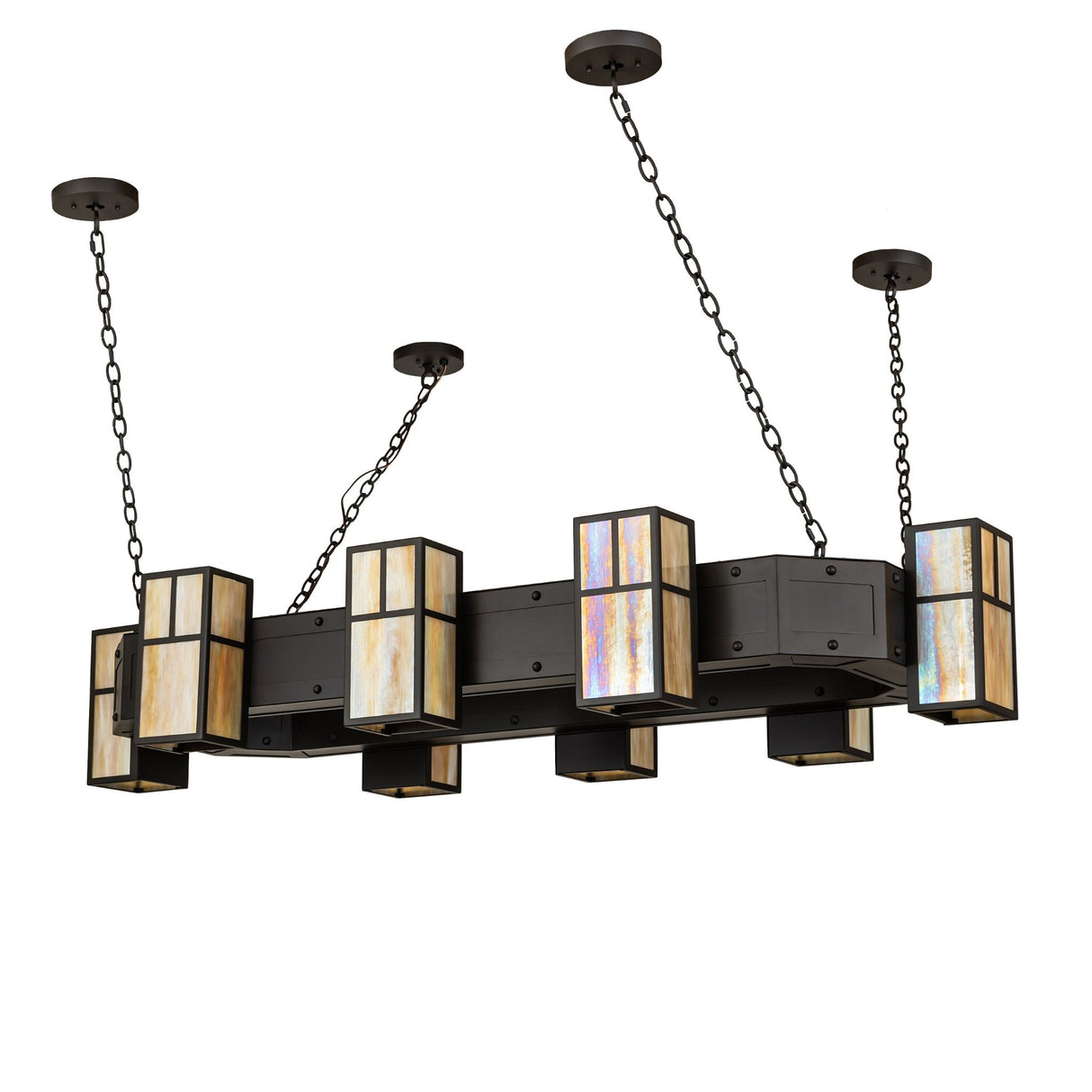 Unlit view of chandelier showcasing mission straight-line design and bronze hardware.