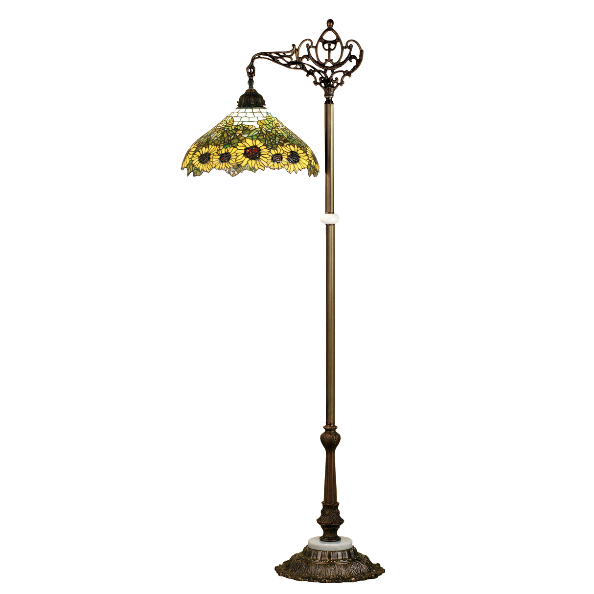 Main view of Wild Sunflower Tiffany bridge arm floor lamp.