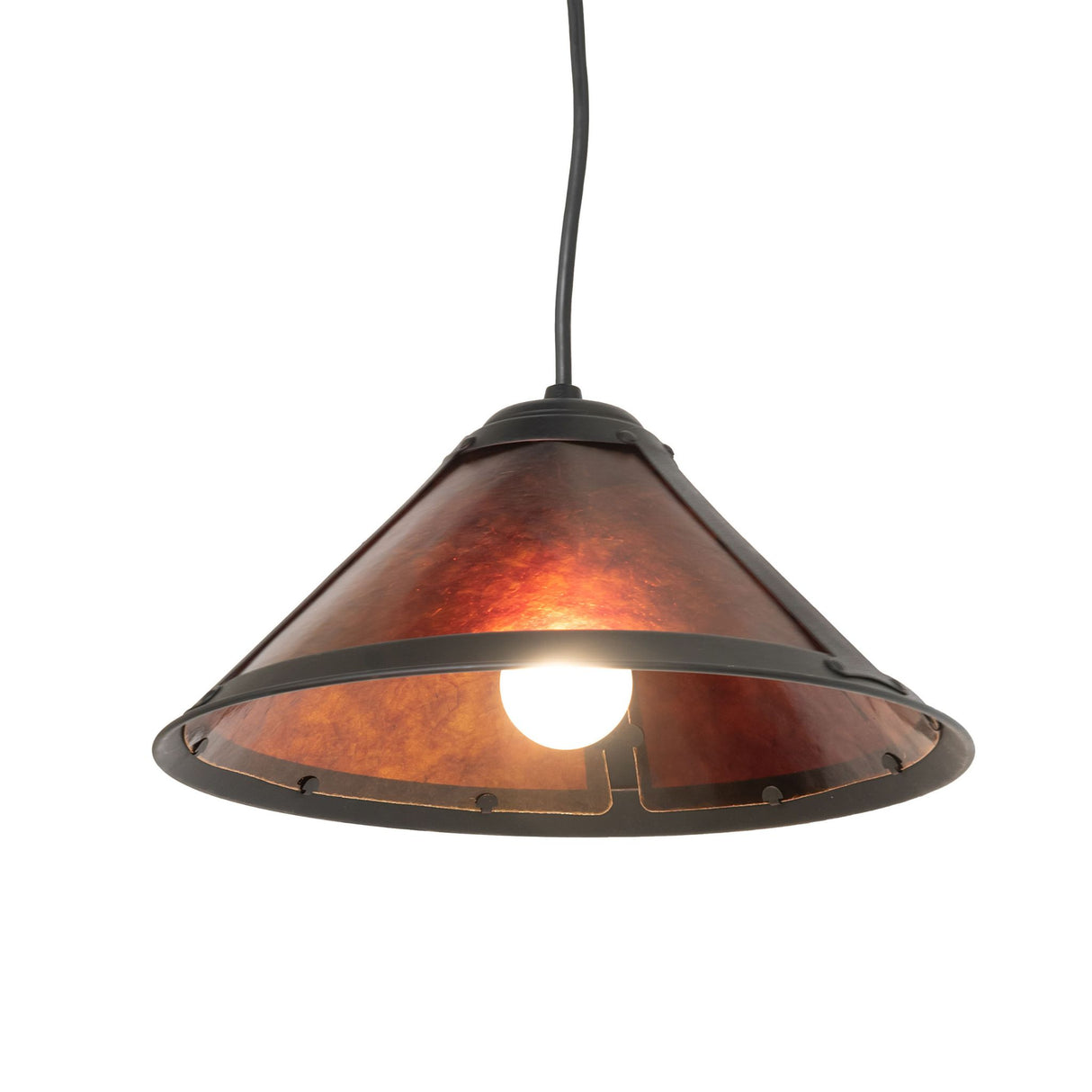 Illuminated Sutter pendant with a glowing amber mica shade and rustic black accents.