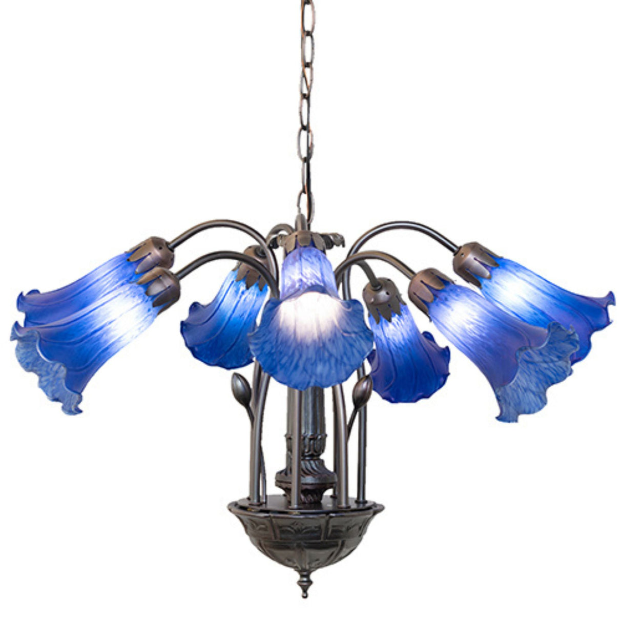 Illuminated blue Tiffany-style chandelier with seven glowing glass shades.