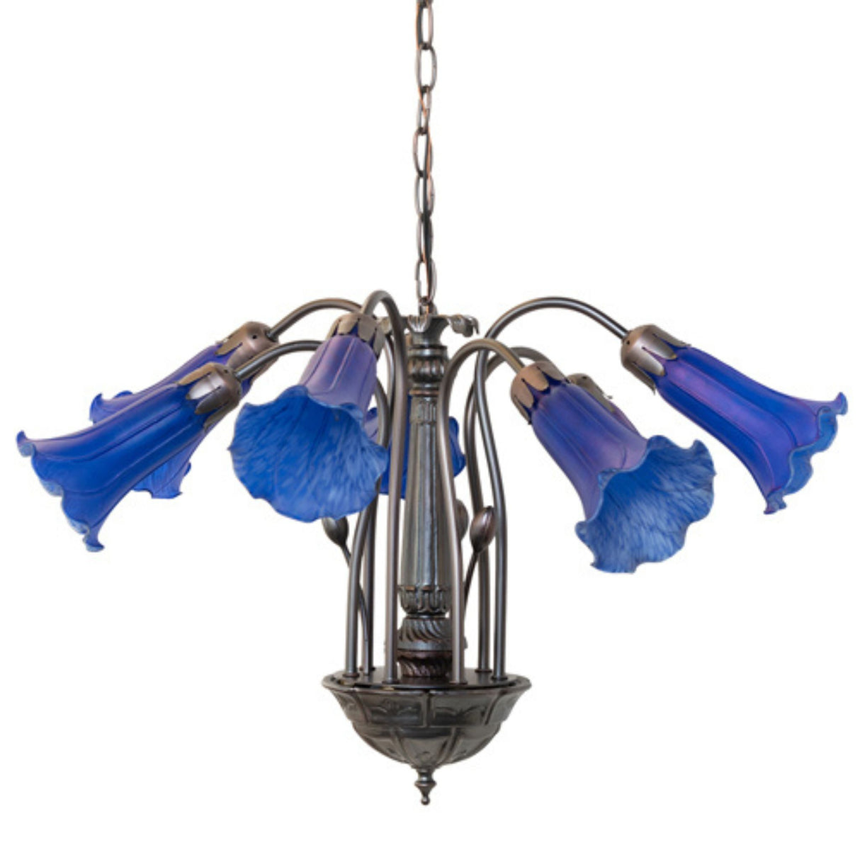 Illuminated blue Tiffany Pond Lily chandelier featuring seven sculpted glass shades.