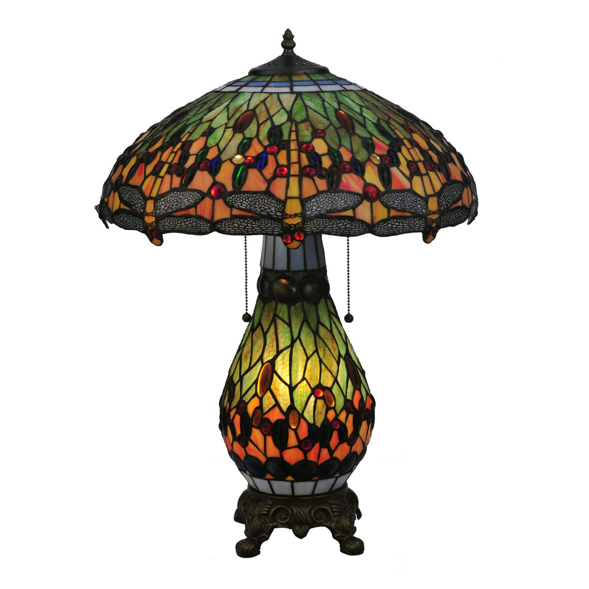 Illuminated dragonfly table lamp with lighted green base.