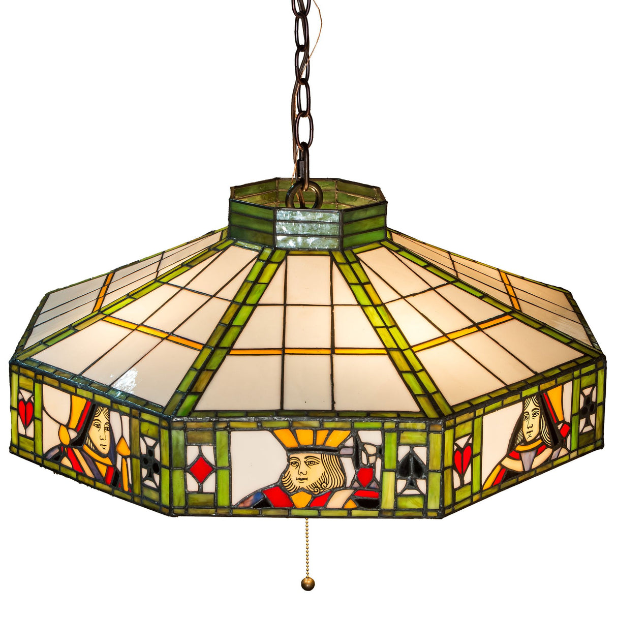 Poker Face pendant with illuminated stained glass and chain suspension.