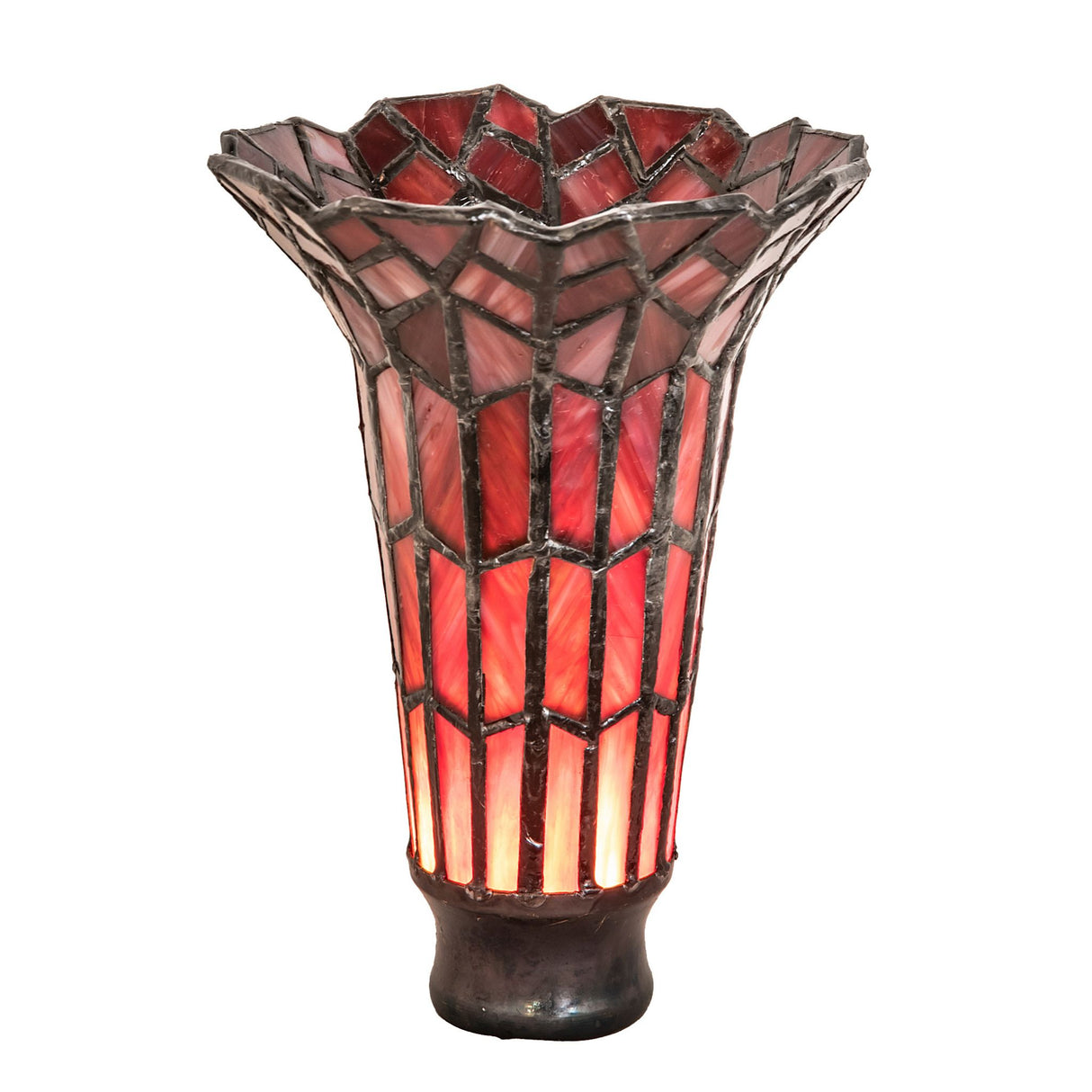 Illuminated red stained glass pond lily shade with vibrant glow.
