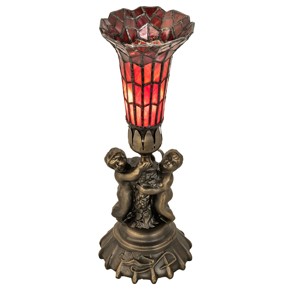 Illuminated stained glass pond lily lamp with twin cherub base, glowing red light.
