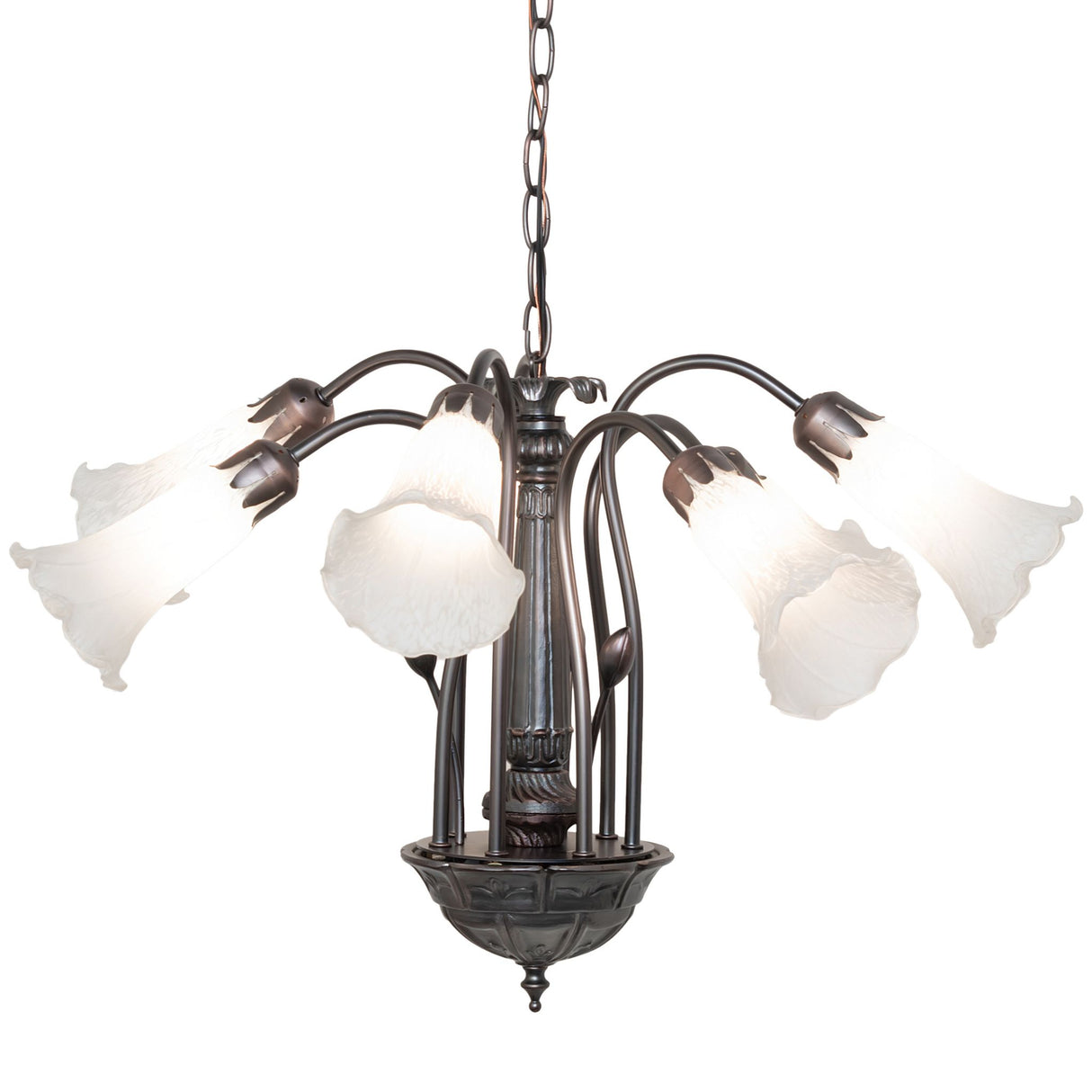 Illuminated White Tiffany chandelier featuring 7 flared lily-shaped glass shades.