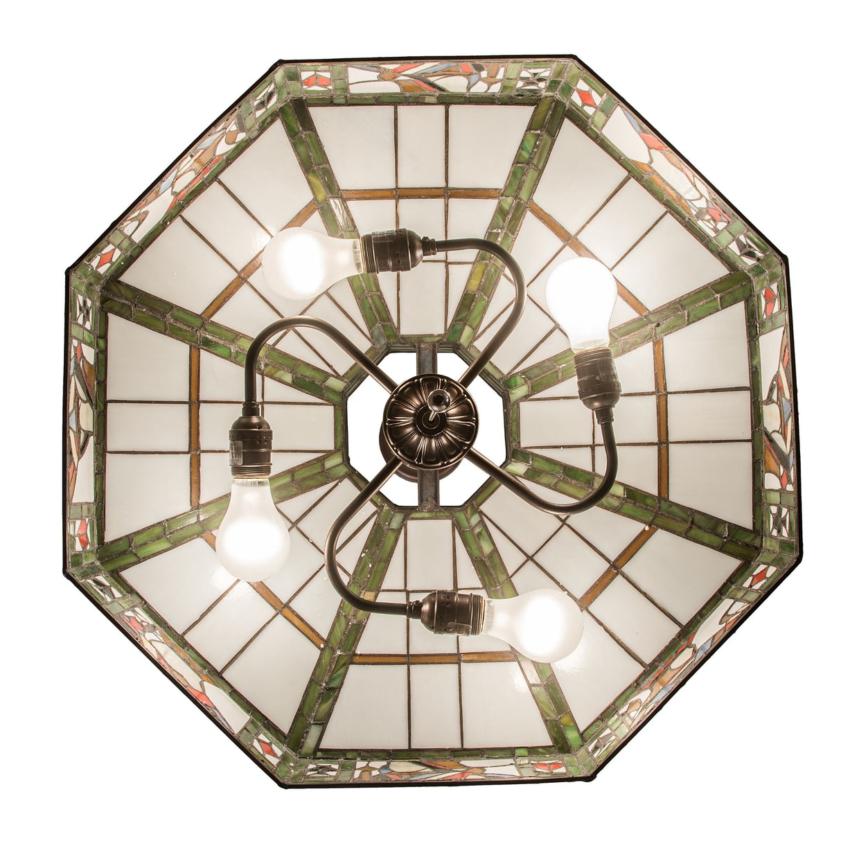 Interior view of Poker Face pendant with exposed bulbs and stained glass.
