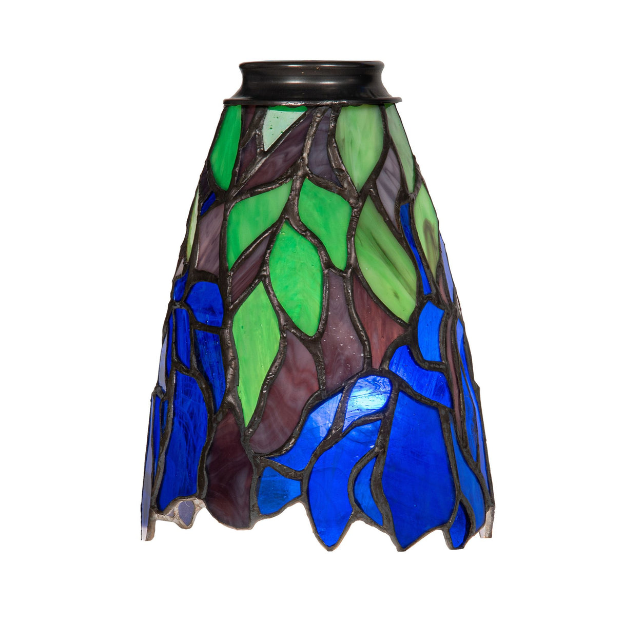 Front view of Iris fan light shade featuring blue and green stained glass design.