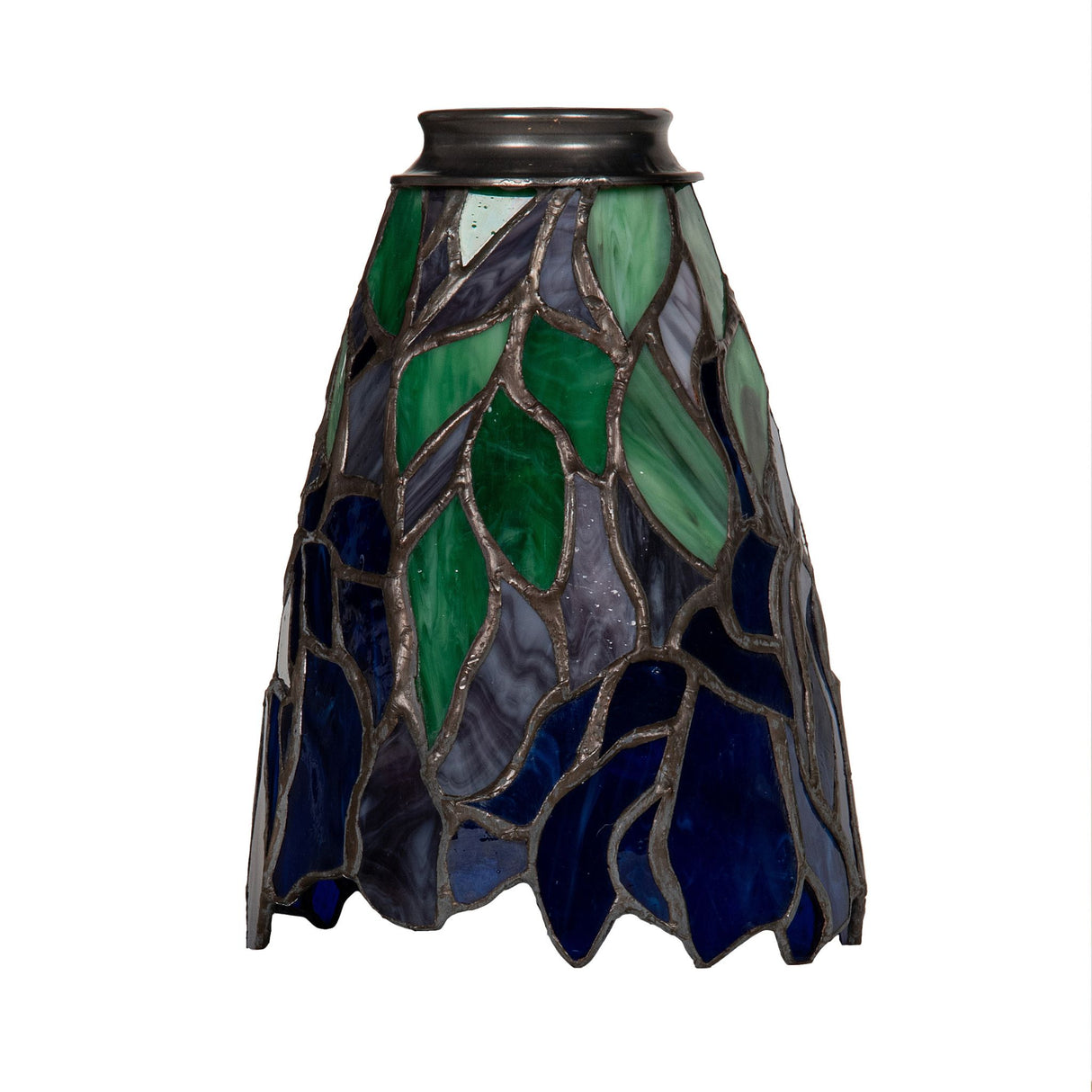 Side view of Iris fan light shade with intricate stained glass of blue and green leaves.