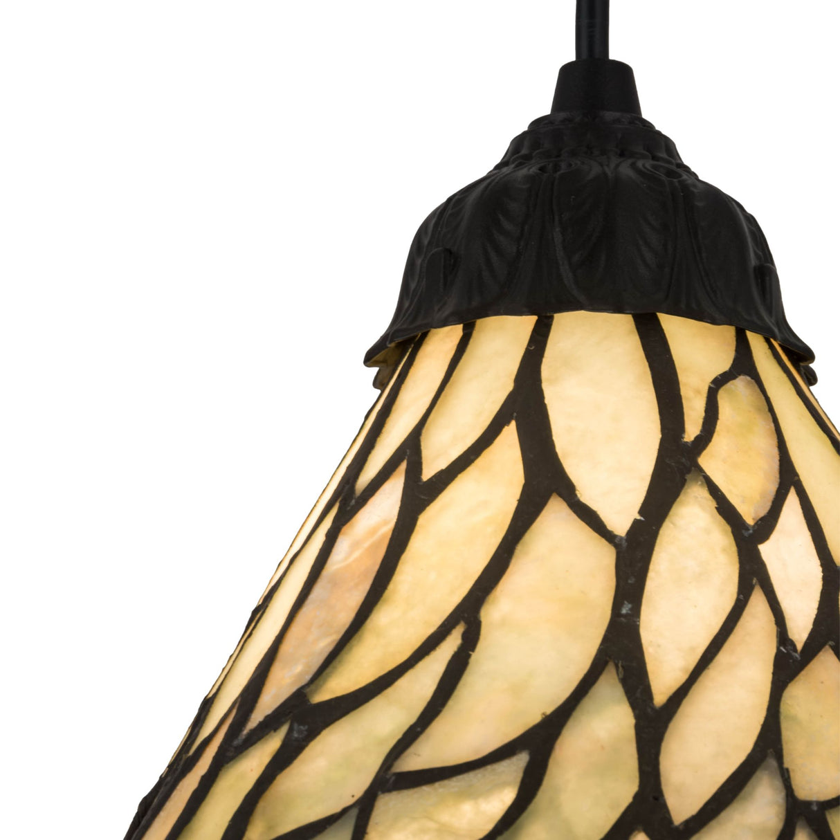 closeup view of jadestone willow mini pendant showing intricate copperfoil construction.