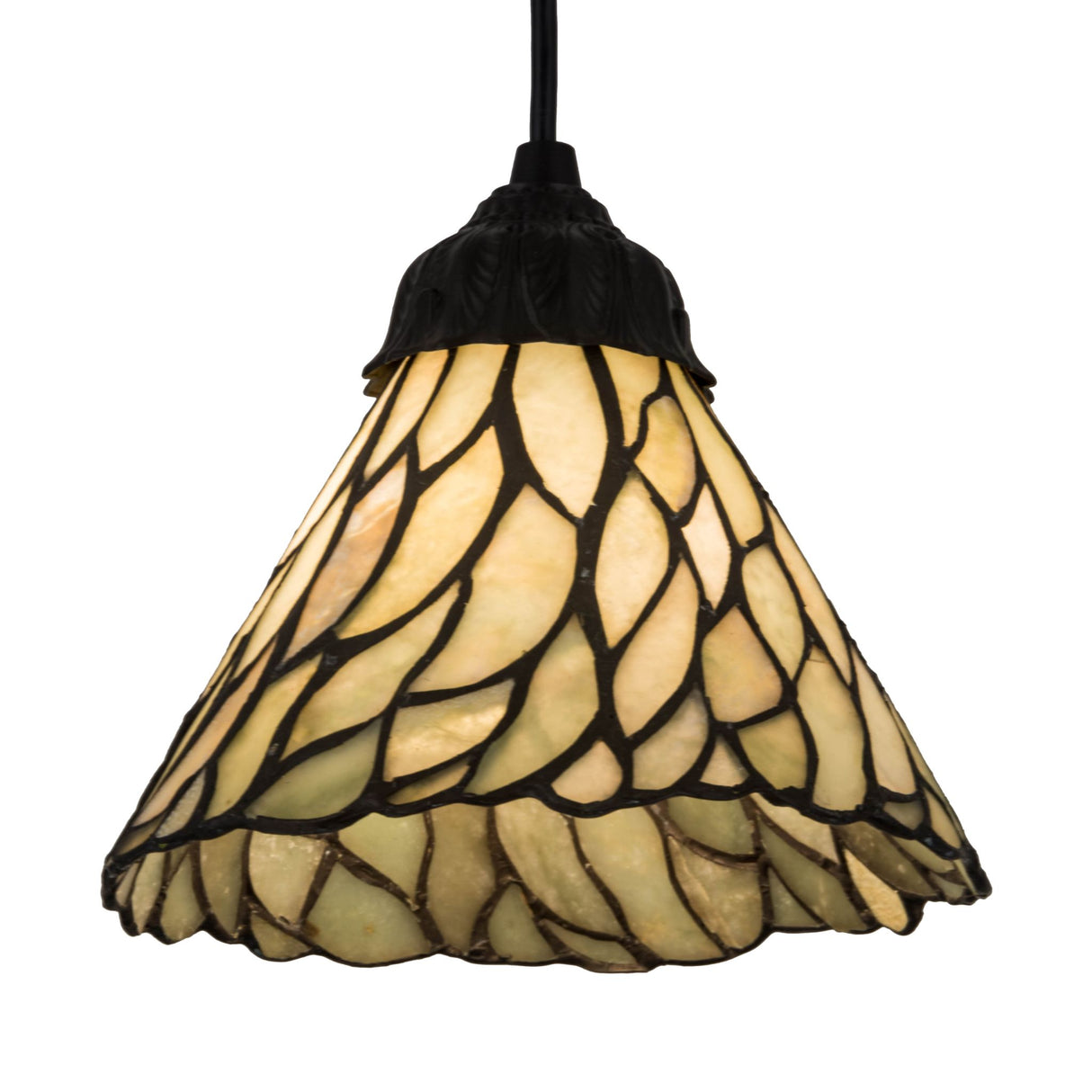 front view of jadestone willow mini pendant with moss green and ivory tones.