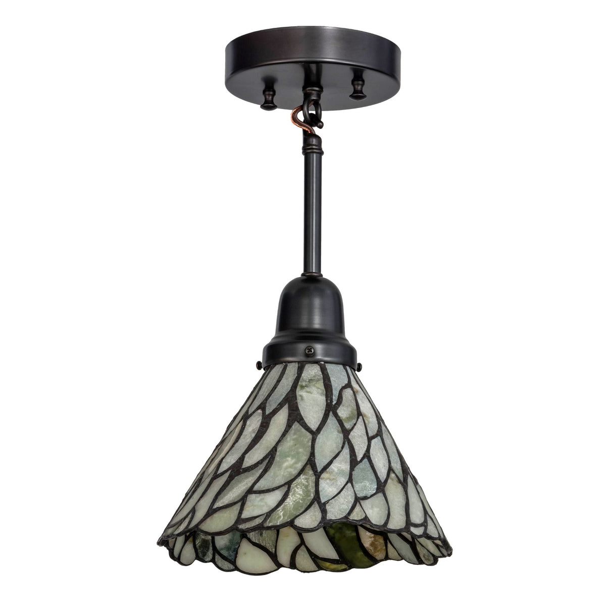 unlit view of jadestone willow mini pendant showcasing intricate copperfoil construction.