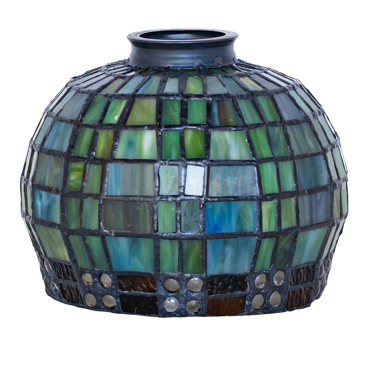 Side view of Jeweled Basket shade with green and blue stained glass.