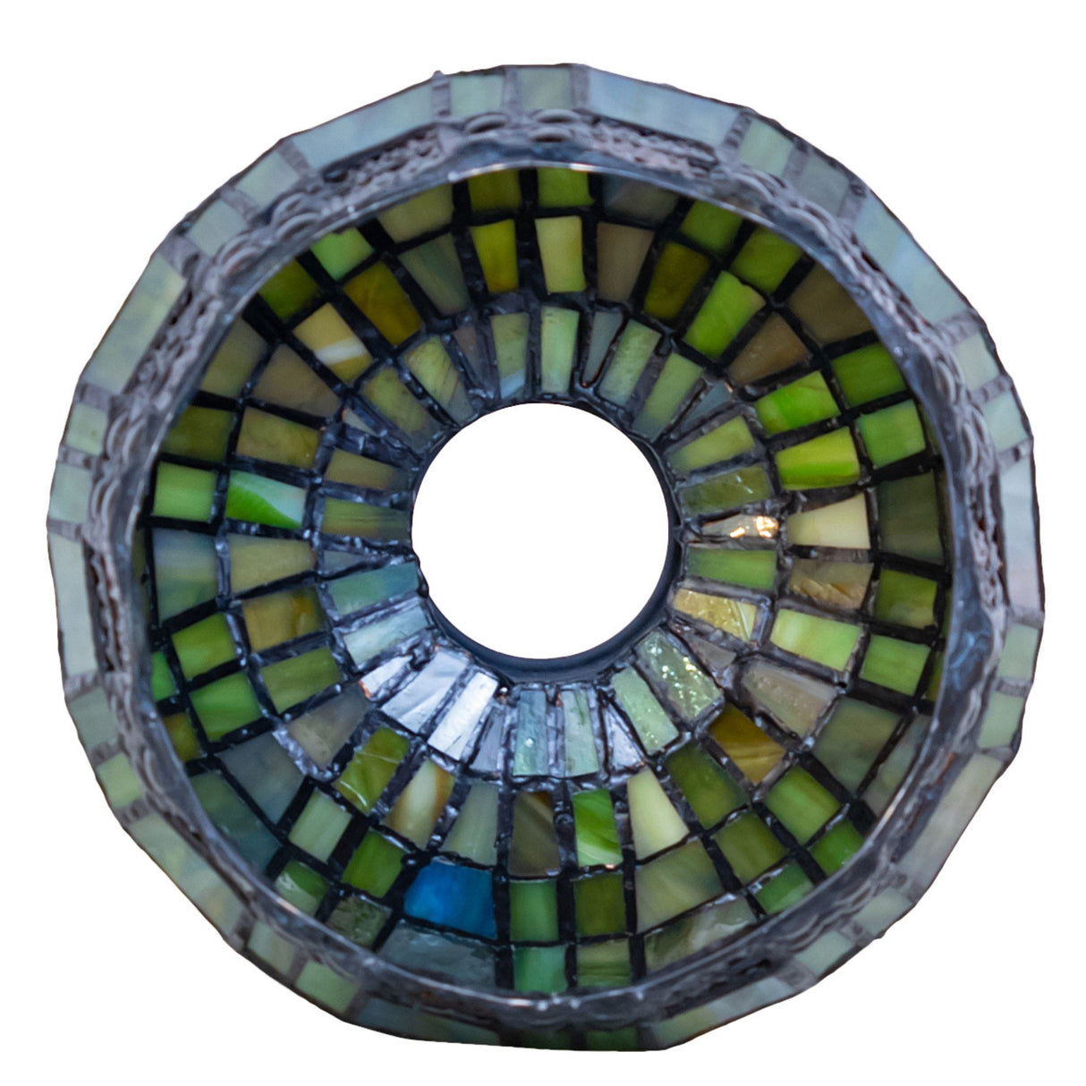 Top view of green-stained glass Jeweled Basket shade.