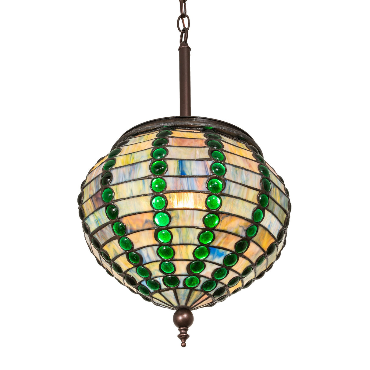 Angled view of 13" Wide Jeweled Beehive Pendant showcasing emerald glass jewel design.