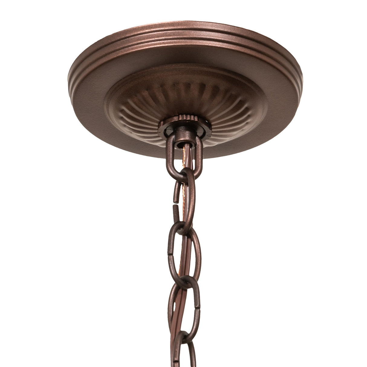 Mahogany bronze finished pendant canopy and chain connection of the Jeweled Beehive Pendant.