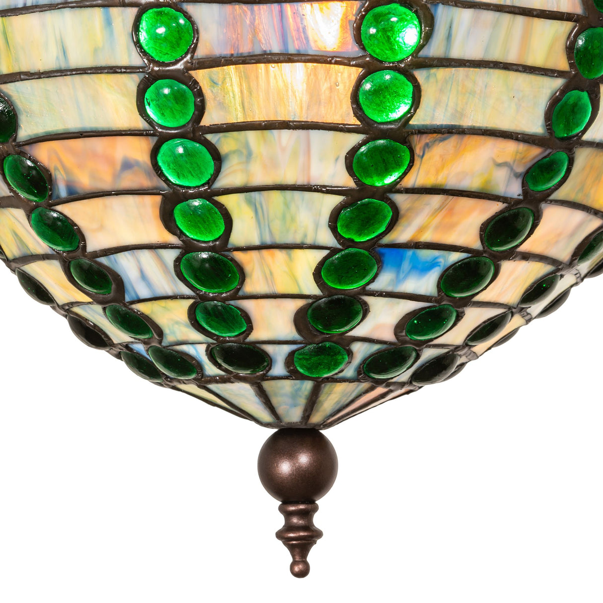 Close-up view of the emerald jewels and mahogany bronze finish on the Jeweled Beehive Pendant.