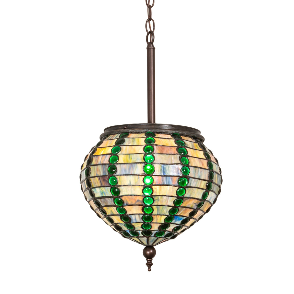 Front view of the 13" Wide Jeweled Beehive Pendant featuring emerald glass jewels and art glass.