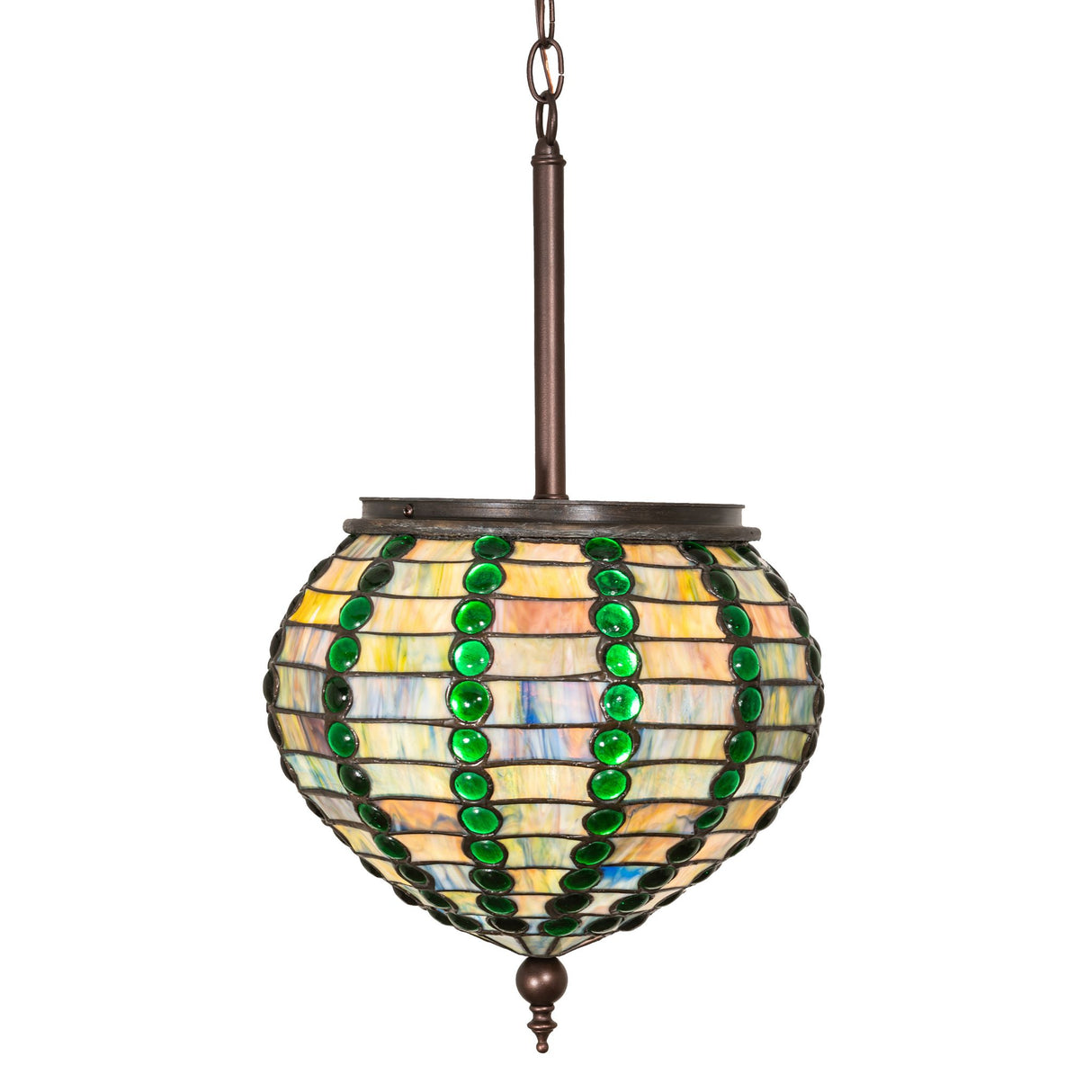 Side view highlighting the earthy blues, greens, and amber tones of the Jeweled Beehive Pendant.