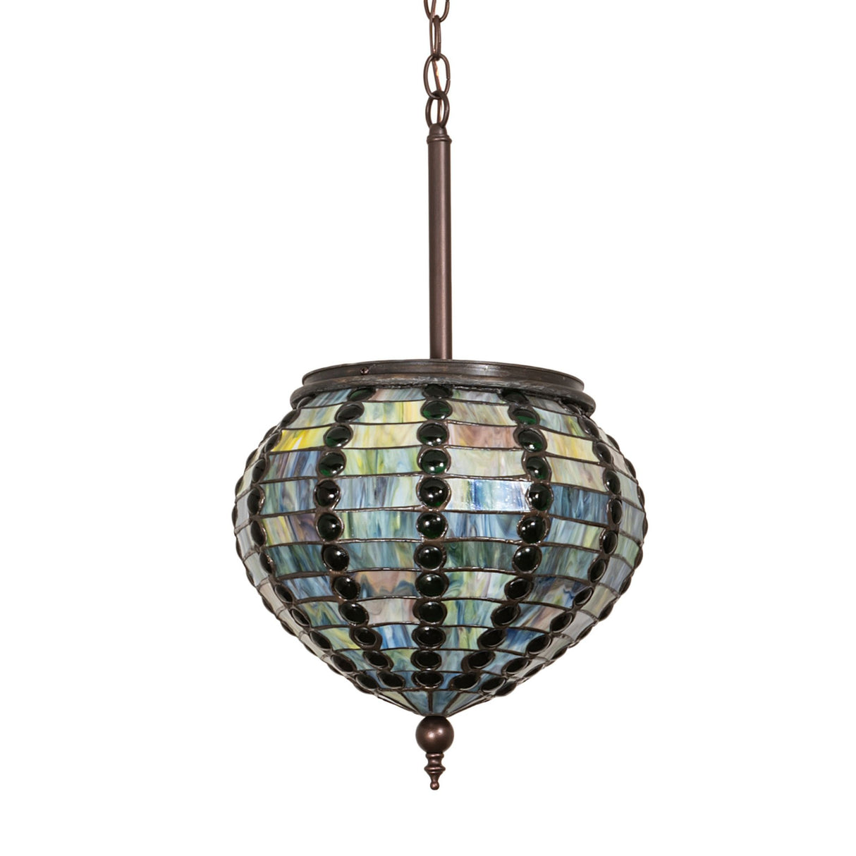 Unlit view of 13" Wide Jeweled Beehive Pendant featuring emerald jewels and stained glass.