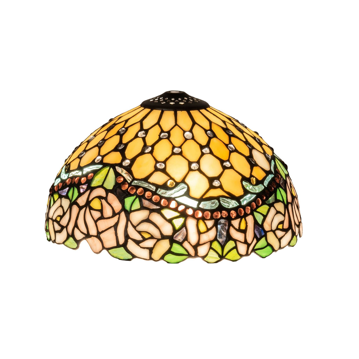 Brightly lit Jeweled Rose shade with yellow and floral stained glass design.