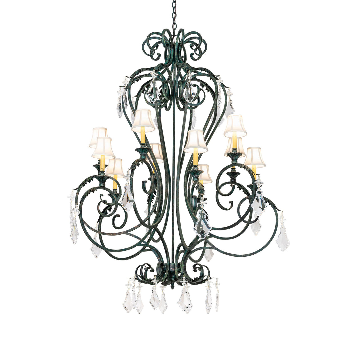 Lit view of 10-light chandelier with Golden Verde finish and crystal accents.