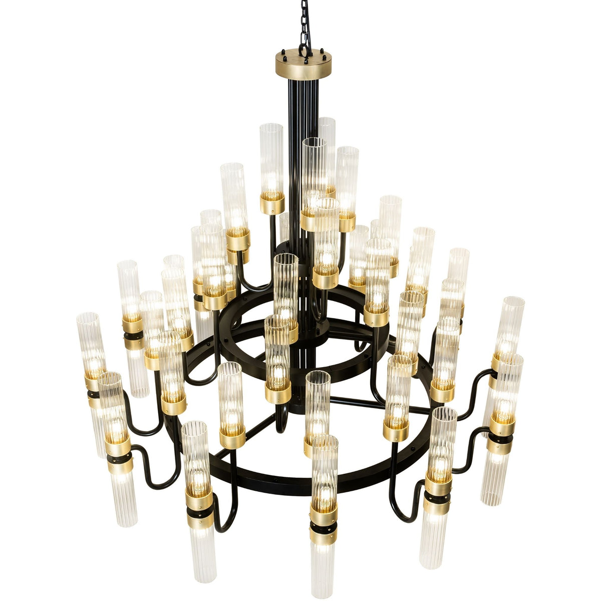 Angled view of Kahler chandelier with tiered ring glass shade design.