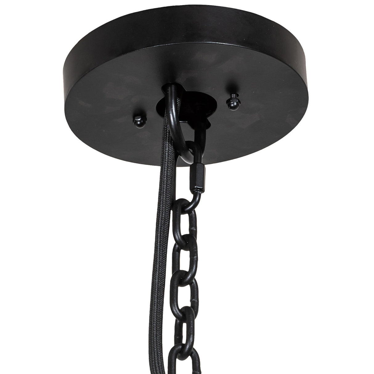 Closeup of Kahler chandelier ceiling canopy and chain mount.