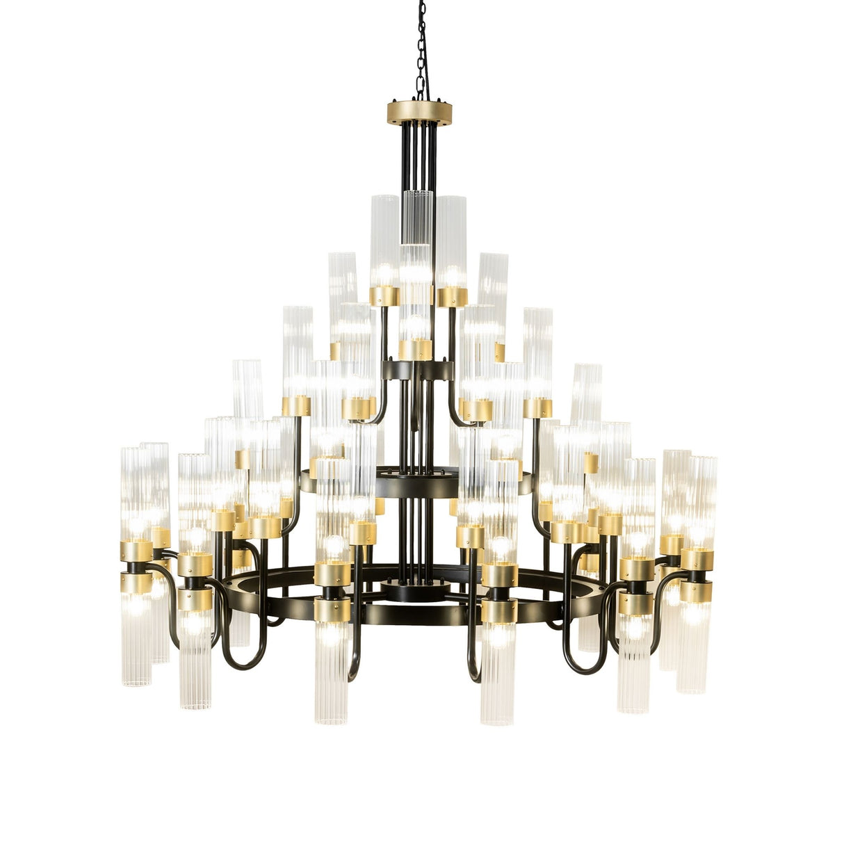 Side view of Kahler 54 light chandelier with fluted glass cylinder shades.