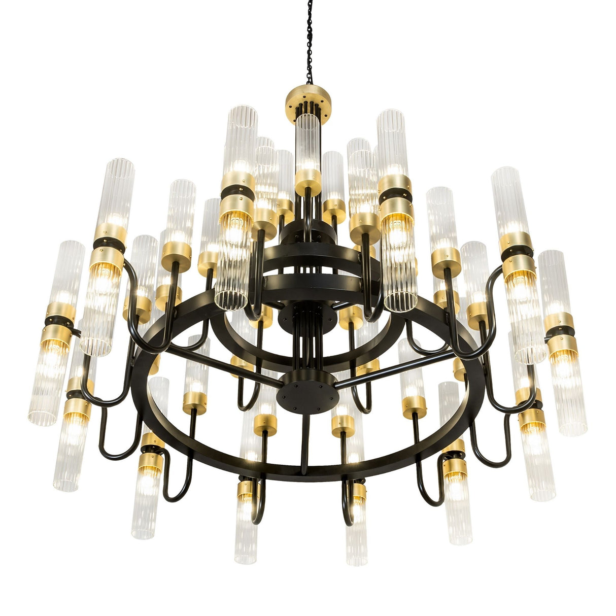 Underside view of Kahler chandelier with layered rings and glass shades.
