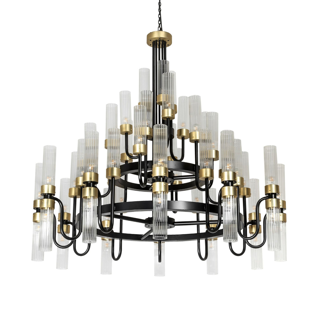 Unlit Kahler 54 light chandelier with black and brass and fluted glass shades.
