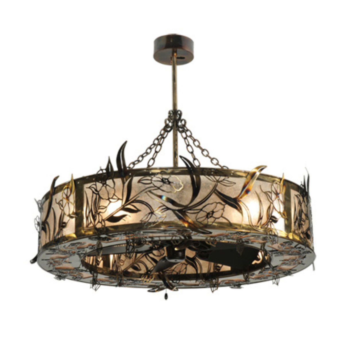 Angled front view highlighting silver mica shade and brass accents.