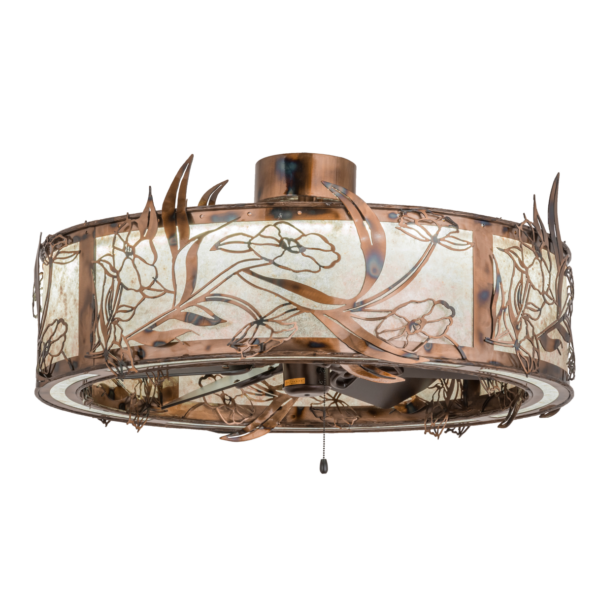 Lit angled view showing brass floral frame and mica panels.