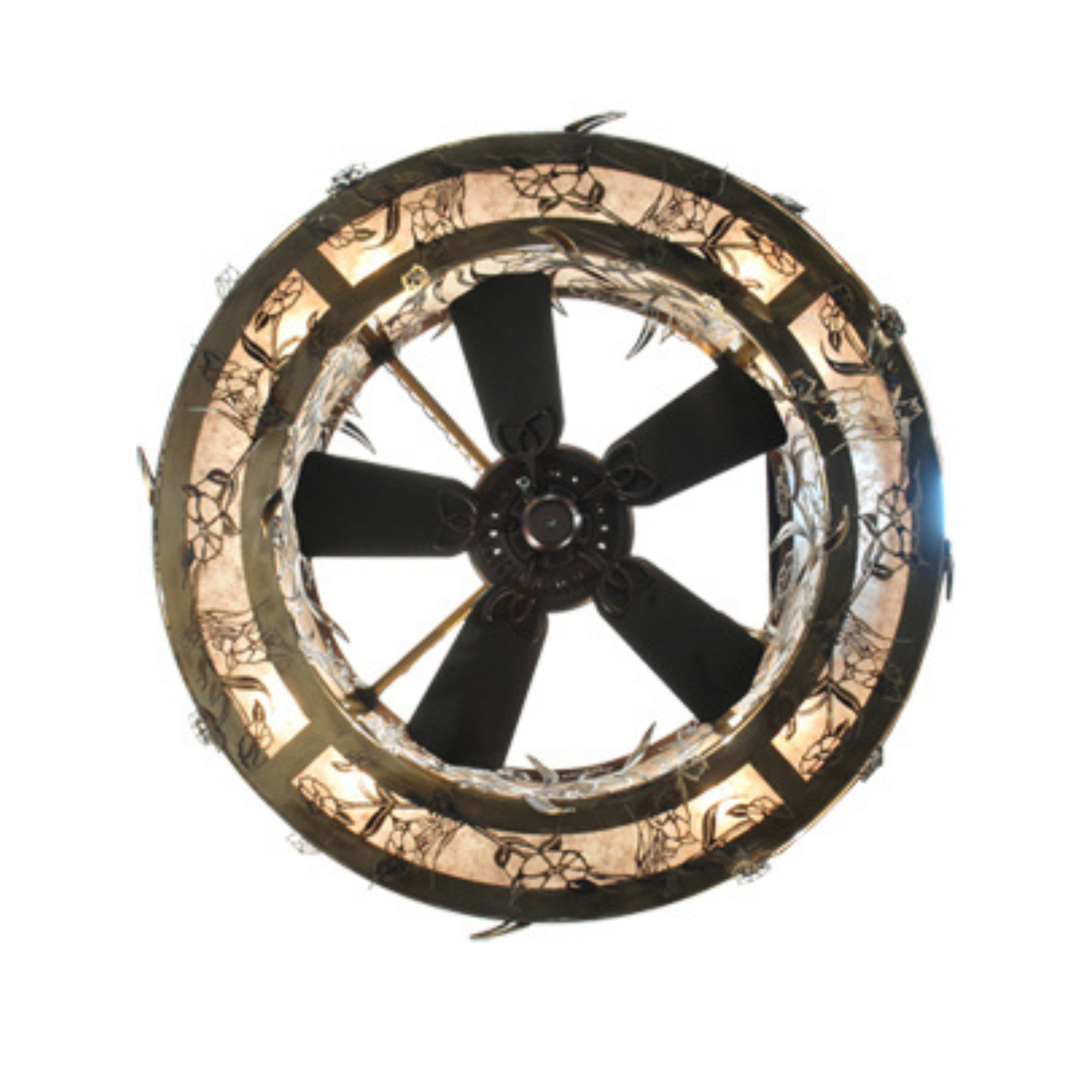 Bottom view of Lady Slipper Chandel-Air showing fan blades and light pattern.