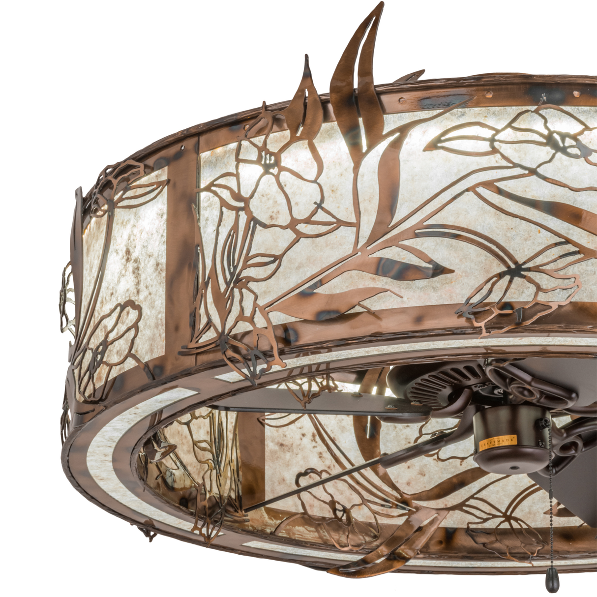 Closeup of intricate floral metalwork and mica panel texture.